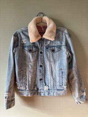 Free People Denim Shearling Jacket with Plaid Lining